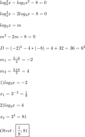 log_{3}^{2}x-log_{3}x^{2}-8=0\\\\log_{3}^{2}x-2log_{3}x-8=0\\\\log_{3}x=m\\\\m^{2}-2m-8=0\\\\D=(-2)^{2}-4*(-8)=4+32=36=6^{2}\\\\m_{1}=\frac{2-6}{2}=-2\\\\m_{2}=\frac{2+6}{2}=4\\\\1)log_{3}x=-2\\\\x_{1} =3^{-2}=\frac{1}{9}\\\\2)log_{3}x=4\\\\x_{2}=3^{4}=81\\\\Otvet:\boxed{\frac{1}{9};81}