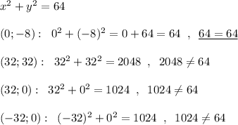 x^2+y^2=64\\\\(0;-8):\; \; 0^2+(-8)^2=0+64=64\; \; ,\; \; \underline {64=64}\\\\(32;32):\; \; 32^2+32^2=2048\; \; ,\; \; 2048\ne 64\\\\(32;0):\; \; 32^2+0^2=1024\; \; ,\; \; 1024\ne 64\\\\(-32;0):\; \; (-32)^2+0^2=1024\; \; ,\; \; 1024\ne 64