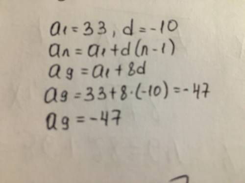 Найдите девятый член арифметической прогрессии, если а_1=33 , d=-10