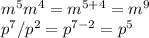 m^5m^4=m^{5+4} =m^9\\p^7/p^2=p^{7-2} =p^5