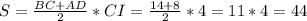 S=\frac{BC+AD}{2} * CI=\frac{14+8}{2}*4=11*4=44