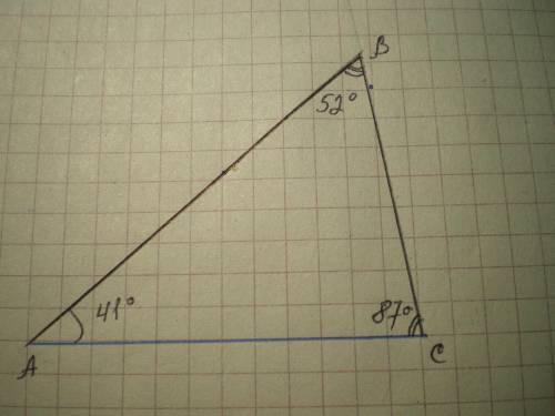 Решите с рисунком и дано. В треугольнике два угла равны 41° и 87°. Найдите его третий угол. ответ да