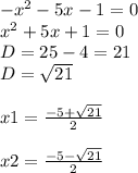 -x^{2} -5x-1=0\\x^{2} +5x+1=0\\D=25-4=21\\D=\sqrt{21} \\\\x1=\frac{-5+\sqrt{21} }{2} \\\\x2=\frac{-5-\sqrt{21} }{2}
