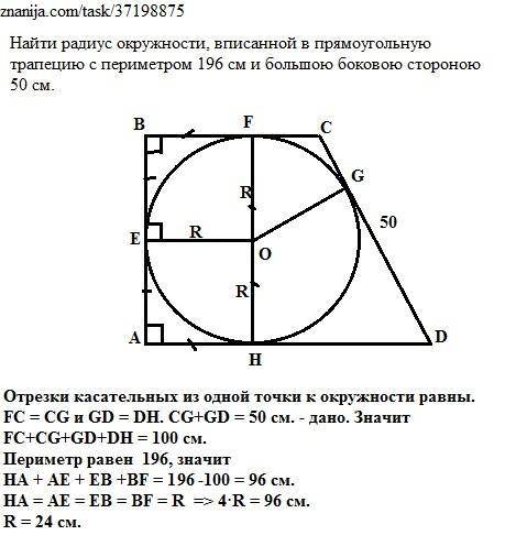 Знайдіть радіус кола, вписаного у прямокутну трапецію з периметром 196 см і більшою бічною стороною