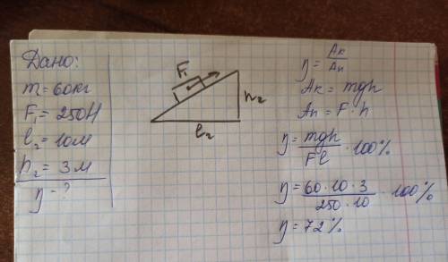 По похилій площині піднімають вантаж масою 60 кг, прикладаючи до нього силу 250 Н, спрямовану уздовж