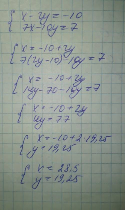 Реши систему уравнений методом подстановки: {x−2y=−107x−10y=7