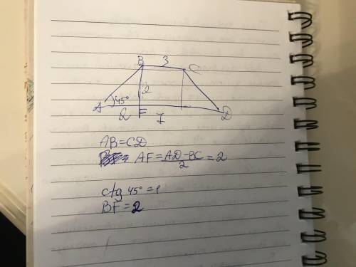 Основи рівнобічної трапеції дорівнюють 3 см і 7 см; гострий кут 45. Знайдіть висоту трапеції.