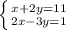 \left \{ {{x+2y=11} \atop {2x-3y=1}} \right.