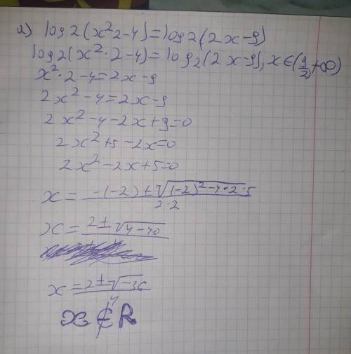 От а)log2(x^2-4)=log2(2x-9) б)(log2X)^2-3log2X-4=0