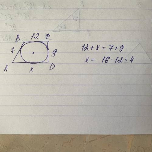 В четырёхугольник ABCD вписана окружность. АВ=7,ВC=12 и СD=9.Найдите четвертую сторону четырёхугольн