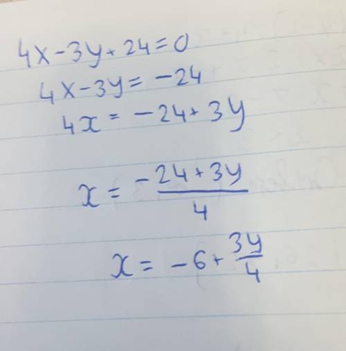 Дано линейное уравнение с двумя переменными 4x−3y+24=0. Используя его, запиши переменную x через дру