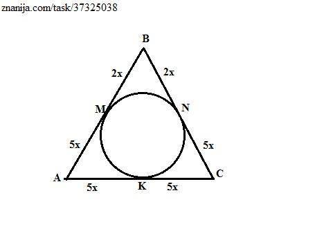 Боковая сторона равнобедренного треугольника делится точкой касания вписанной окружности в отношении