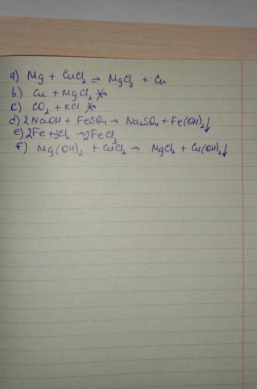 Запишите уравнения возможных реакций. (а) Mg + CuCl2 →(b) Cu + MgCl2 → (c) CO2 + KCl → (d) NaOH + Fe