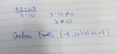 Найди область определения выражения 8x+1,8 деленное на x−10. (Бесконечность обозначай буквой Б, знак