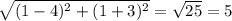 \sqrt{(1-4)^2+(1+3)^2} = \sqrt{25} =5