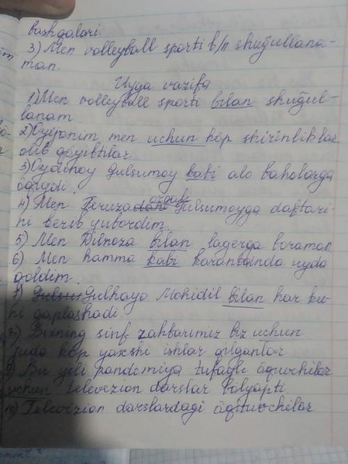 Мне нужно 5 предложений о спорте на узбекском. С переводом