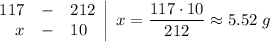 \left.\begin{array}{rcl}117 &-& 212 \\x &-& 10\end{array}\right|\;x = \dfrac{117 \cdot 10}{212} \approx 5.52\;g}
