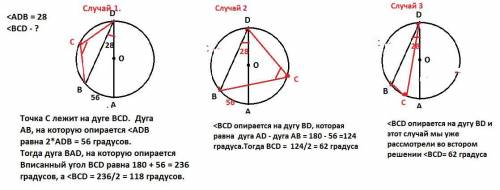 АД-диаметр окружности с центром в точке О. Точки В и С лежат на окружности, так что угол АДВ равен 2