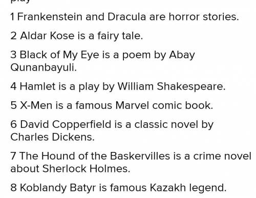 Ex1.(fairy ,poem,legend,crime,horror,classic,comic,play.)1. Frankenstein and Dracula are_ stories.2.
