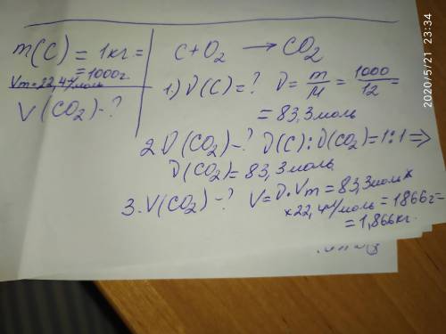 Який об’єм газу виділяється під час спалювання 1 кг вугілля? С+О2=СО2 (рівняння процесу)