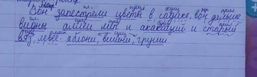 Синаксический разбор предложения Вон запестрели цветы в садике, вон дальше видны аллеи лип и акакаци