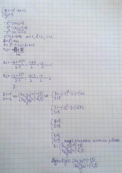 Розв'яжіть систему рівнянь {y=-x^2-3x+3, y=5