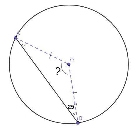 AB хорда кола з центром у точці О. Знайдіть кут АОВ, якщо кут АВО = 25градусів
