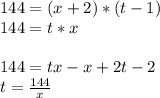 144 = (x+2)*(t-1)\\144 = t*x\\\\144 = tx-x+2t-2\\ t= \frac{144}{x}