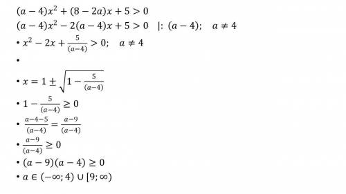 При каких значениях параметра а неравенство (а — 4)х^2 + (8 — 2а)х+5> 0 выполняется при всех дейс