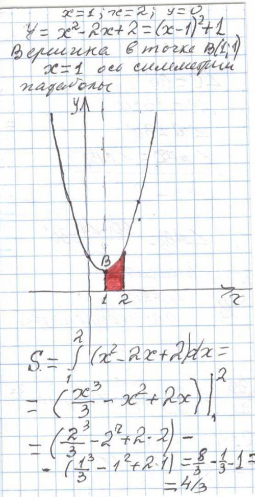 Найдите площадь фигуры, ограниченной графиками следующих функций:у=х2-2х+2; х=1; х=2; у=0​