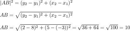 |AB|^2 = (y_2- y_1)^2 + (x_2 - x_1)^2\\\\AB = \sqrt{(y_2- y_1)^2 + (x_2 - x_1)^2}\\\\AB = \sqrt{(2-8)^2+(5-(-3))^2} = \sqrt{36+64} = \sqrt{100} = 10