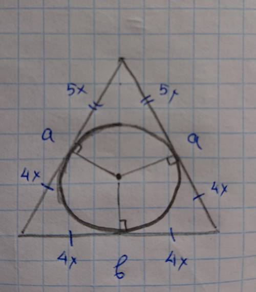 7 класс, Боковая сторона равнобедренного треугольника делится точкой касания вписанной окружности в