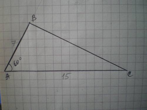 Дві сторони трикутника дорівнюють 7 см і 15 см,а кут між ними-60%.Знайдіть третю сторону трикутника