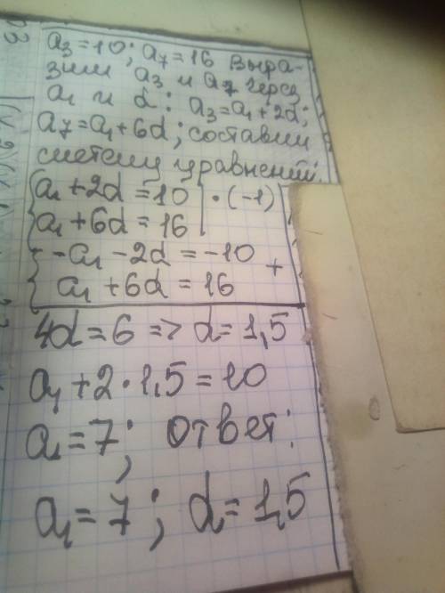 В арифметичній прогресії (а) відомо а3=10,а7=16. Знайти d(різниця арифметичної прогресії).​