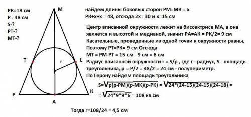 В равнобедренный треугольник PMK с основанием PK=18 и периметром P=48 вписана окружность. T - точка