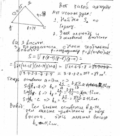 Знайдіть найменшу висоту трикутника сторони якого дорівнюють 13см 14см 15см