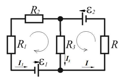 Найти значение и направление тока через сопротивление R, если ε1 = 1, 5В, ε2 = 3В, R1 = 20 Ом, R2 =