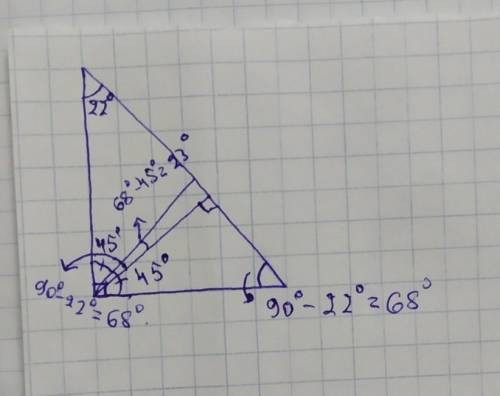 Один из острых углов прямоугольного треугольника равен 22°. Най- дите градусную меру угла между высо