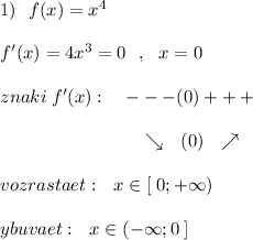 1)\ \ f(x)=x^4\\\\f'(x)=4x^3=0\ \ ,\ \ x=0\\\\znaki\; f'(x):\ \ \ ---(0)+++\\\\{}\qquad \qquad \qquad \quad \ \ \searrow \ \ (0)\ \ \nearrow \\\\vozrastaet:\ \ x\in [\; 0;+\infty )\\\\ybuvaet:\ \ x\in (-\infty ;0\; ]