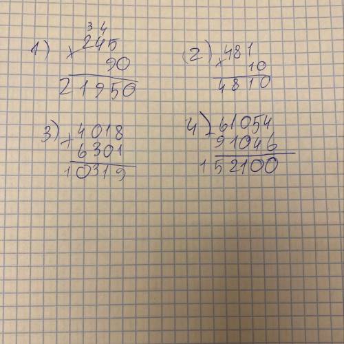 Решить в столбик примеры на умножение 245•90 481•10 И на сложение 4018+6301 61054+91046