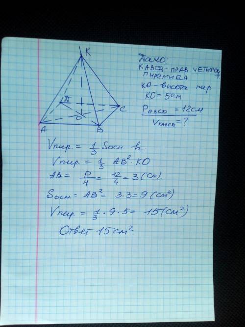 ±. найдите объём правильной четырёхугольной пирамиды, если её высота равна 5 см, а периметр основани