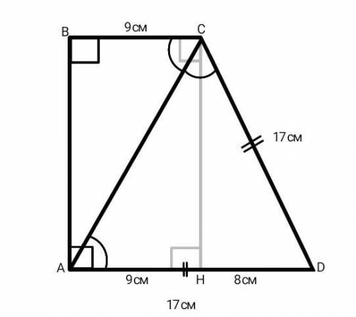 Основания прямоугольной трапеции равны 9 и 17 см,а диагональ делит тупой угол пополам ,найти площадь