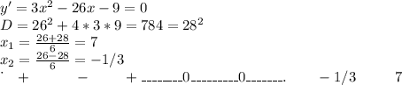 y'=3x^2-26x-9=0\\D=26^2+4*3*9=784=28^2\\x_1=\frac{26+28}{6}=7\\x_2=\frac{26-28}{6}=-1/3\\\.\ \ \ +\ \ \ \ \ \ \ \ \ -\ \ \ \ \ \ \ +\\\_\_\_\_\_\_\_\_0\_\_\_\_\_\_\_\_\_0\_\_\_\_\_\_\_\\.\ \ \ \ \ \ -1/3\ \ \ \ \ \ \ \ 7\\\\