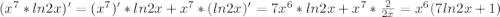 (x^7*ln2x)'=(x^7)'*ln2x+x^7*(ln2x)'=7x^6*ln2x+x^7*\frac{2}{2x}=x^6(7ln2x+1)