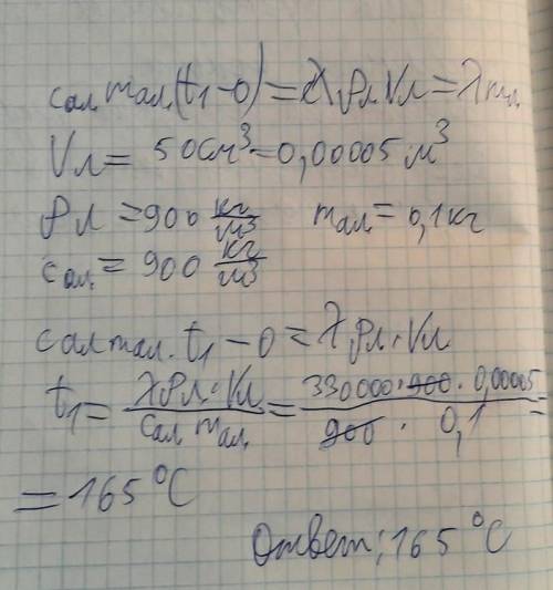 Алюминиевый кубик массой m = 100 г разогрели, а затем поставили на лед, температура которого t2 = 0о