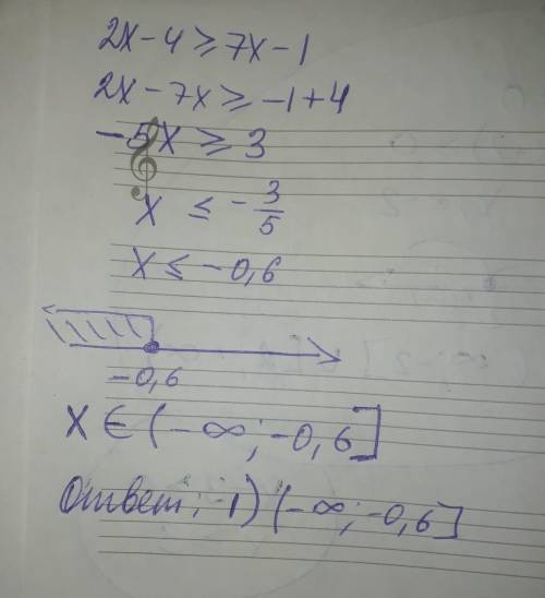 Решите неравенство 2х - 4 ≥ 7х – 1: Варианты ответов: 1) (-∞; -0,6] 2) (0,1; +∞) 3) [-0,6; +∞] 4) [1