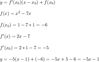 y=f'(x_0)(x-x_0)+f(x_0)\\\\f(x)=x^2-7x\\\\f(x_0)=1-7*1=-6\\\\f'(x)=2x-7\\\\f'(x_0)=2*1-7=-5\\\\y=-5(x-1)+(-6)=-5x+5-6=-5x-1
