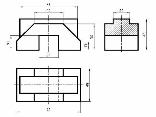 по инженерной графике =( Выполнить три проекции фигуры (главный вид в разрезе) , нанести размеры и