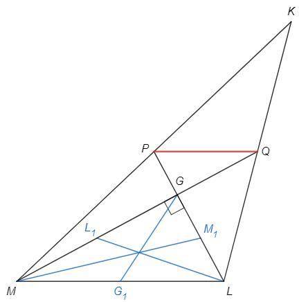 ) Медианы LP и MQ треугольника KLM перпендикулярны и пересекаются в точке G. Найдите PQ, если KL = 2
