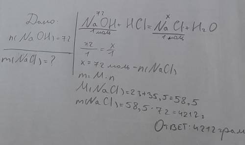 В реакцию с соляной кислоты HCl поступило 72 гидроксида натрия NaOn. рассчитайте массу образовавшейс